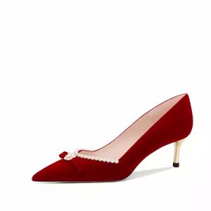 Red Chinese Style Pearl Tea Flower High Heels Womens Wedding Shoes Comfortable Thin Heel Fashionable Single Shoes for Brides