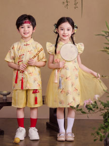 Gasvr | Children Traditional Chinese Costume Yellow Summer Short Sleeve Performance Clothing