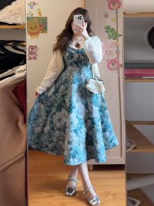 Elegant plus Size Beach Vacation Style Dress Women Summer Slimming High Waist Floral Halter Gown Korean Style Long Sleeve