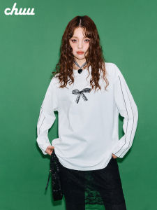 เสื้อยืดคอกลมแขนยาวหลวมๆ สไตล์เกาหลีสำหรับผู้หญิง ลายปมผีเสื้อ ฤดูใบไม้ร่วง 2025 ของใหม่ เสื้อผ้าทำงาน