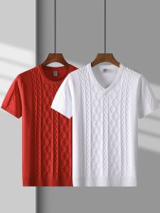 Mens V-Neck Solid Color Sweater Half Sleeve Knitted Casual Fashion Spring Autumn Short Sleeve Leisure Trendy Mens Top