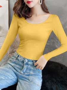 Long Sleeve Pure Cotton Base Shirt Womens Inner Wear Short Top Tight Fashionable Ginger Yellow round Neck Low Neck U Style