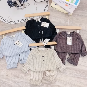 [M4] Bộ Dài Tay Thu Đông Bé Trai Cổ Tròn Quần Áo Trẻ Em Chất Len Tăm Mềm Mịn Ấm Áp Cho Bé 6-16kg