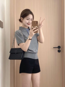 Korean Style Grey Polo Neck Knitted Short Sleeve T-Shirt Women Summer Miniature Design Sensible Shoulder Thin Top