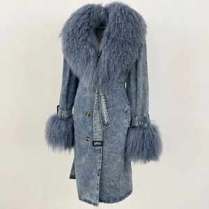 Áo Khoác Nữ Dáng Trench Coat Denim Mùa Đông Có Cổ Lông Mông Cổ Thời Trang Có Thể Tháo Rời Dài Phong Cách Đường Phố Cài Khuy Đôi