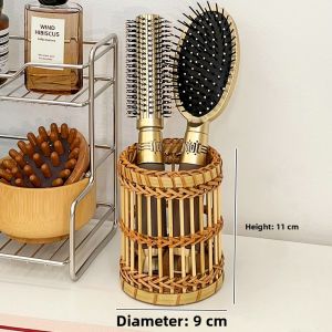 Rattan Woven Makeup Brush Storage Box Desktop Foundation Brush Organizer Cosmetic Holder Bamboo Material Beauty Tool Rack