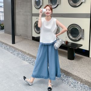 YINLUOYA | Summer 2025 Chic Womens Two-Piece Set Sweet Sleeveless Top Wide Leg Pants Korean Style Seven-Foot Length Round Neck Short Sleeve