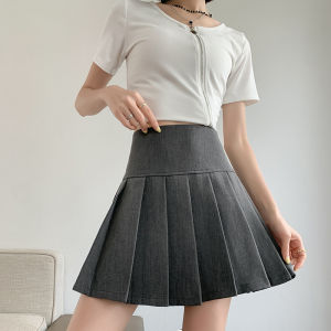 High Waist Grey Pleated Skirt Womens Summer Mini Skirt Cute Style Slimming Short JK Skirt Bicolor Patchwork Bicycle Riding