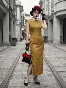 Retro Style Premium Golden Color Sleeveless Cheongsam Dress