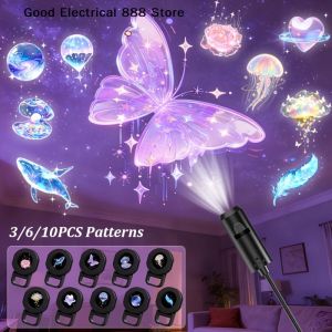 HUXUAN | LED USB Projector Light 3/6pcs Portable Adjustable Patterns Night Light for Home Decorative Ambient Use