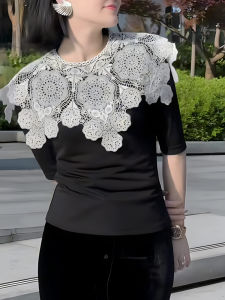 UYFY | Elegant Black Lace Embroidery Womens Top Casual Slim Fit Style Summer Fashionable Korean High End Feel Unique Design