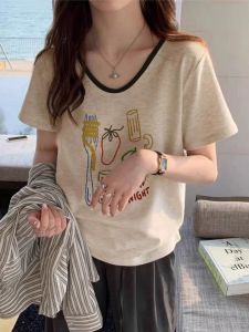 Retro American V-neck Short Sleeve T-shirt Womens Summer New Style White Grey Bamboo Cotton Slimming Design Top