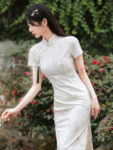 Elegant Lace Cheongsam Young Style Long Dress Girls Improved Version Summer Fashionable Polyester Fiber Short Sleeve Solid Color