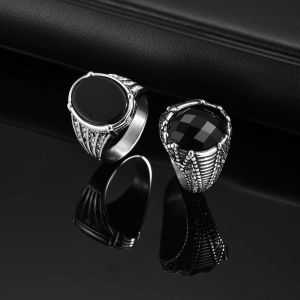 Kemstone Black Glass Onyx Stainless Steel Geometric Ring for Men Vintage Style Fashion Jewelry