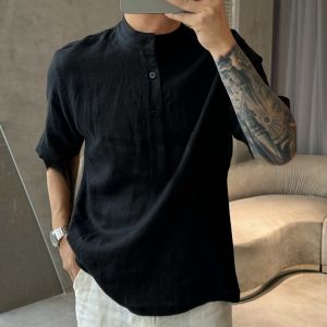 High Quality Chinese Style Pure Linen Comfortable Short Sleeve Mens Loose Luxury Base Shirt Fashionable Urban Youth Banquet