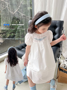 Girls White Summer Dress Thin Bubble Sleeve Princess Skirt Childrens Fashionable Clothes Casual Style A-Line Skirt Short Sleeve