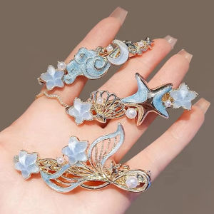 Dreamy Blue Fishtail Starfish Glaze Duckbill Clip Women Forehead Bangs Barrettes Alloy Side Clip Super Fairy Hair Accessories