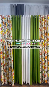 NON-BLOCKOUT 3in1 & 5in1 Korean Curtain Newest Print Sunflower - Olive Green - Cream Modern Home Ring Curtains 10 Rings 5-8FT