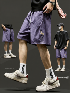 SZON | Quần Short Lụa Băng Mỏng Thoáng Khí Chống Thấm Nhanh Với Thêu Hình Chó Phong Cách Mỹ