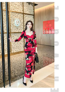 ZY·HT Fashion Vintage Dinner Dress Cotton Long Sleeve Pleated Slim Slit Midi Casual Dress 4413 eravogue