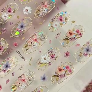 Embossed Flower Nail Art Stickers Glitter Laser Petal Self Adhesive Nail Slider Decals Decorations Accessories DIY 5D