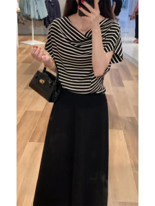 YUEZHONGWEI | French Style Loose Shoulder One-Shoulder Ice Silk Linen Knitted Short Sleeve T-Shirt Women Summer Casual Striped Top