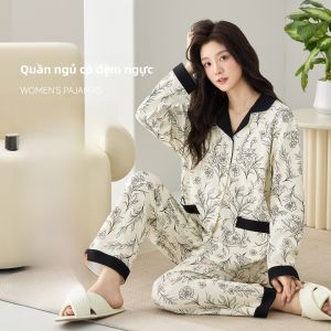 MiiOW | Áo ngủ cotton nguyên chất Catman dành cho nữ tay dài có đệm ngực chống vướng víu Quần áo mặc nhà mùa thu 2025