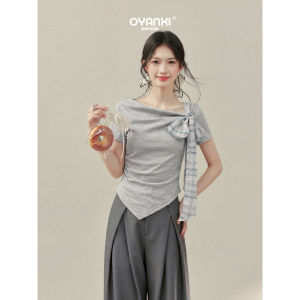 OUYANGXI | Áo Thun Màu Xám Vai Xệ Không Đối Xứng