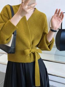 French Style V-Neck Knitted Sweater Coat Womens Outerwear Autumn Winter Slimming Design Knot Fashionable Long Sleeve Top