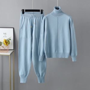 Autumn Winter Women High Neck Knit Pant Sets female Elegant Loose Sweater 2-piece Set Casual Loose pullover Womens Clothing