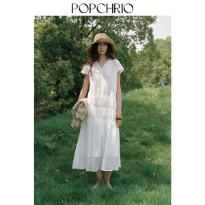 POPCHRIO | Đầm Maxi Cổ V Trắng Kiểu Dáng Resort Chất Cotton