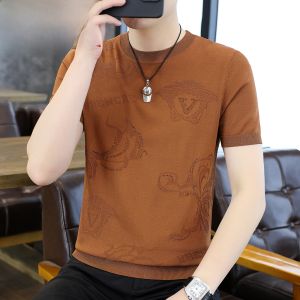 HENGYUANXIANG | Hengyuanxiang Ice Silk Breathable Short Sleeve T-Shirt Mens Summer New Round Neck Rhinestone Half Sleeve Knitted Clothes