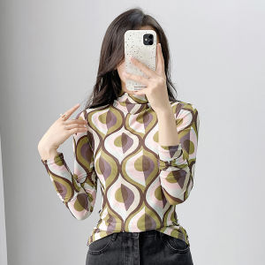 REHIN Women’s High Neck Printed Mesh Long Sleeve Top Slim Fit Stretch Elegant Autumn Winter Blouse t-shirt
