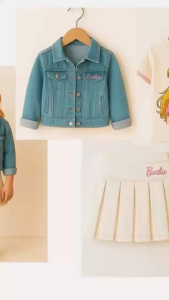 VN A654 Barbie 3PCS Outfit Set for Girls – Denim Jacket + Anime Barbie T-Shirt + Pleated Skirt Toddler Girl Clothes Set