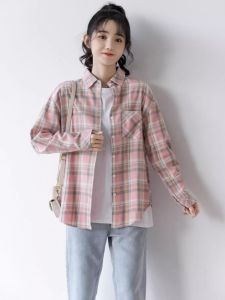 Sweet Pink Plaid Loose Long Sleeve Shirt Womens Casual Style Button up Polo Collar Standard Length Spring 2025 Fashion