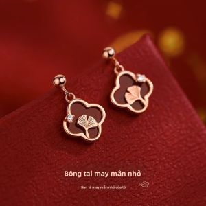 Bông Tai Hình Clover Đỏ Bạc Sterling