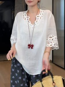 Shalldoer | Lace Crochet V Neck Short Sleeve Blouse Women Casual Lazy