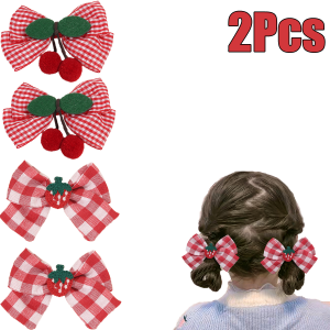 2Pcs Cherry Bow Hair Clips Strawberry Plaid Hairpin Sweet Fashion Barrette For Girls Childrens Headdress Korean Kid Accessories