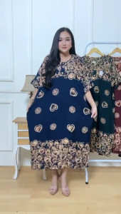 Daster Jumbo LD 140 Dania Motif Printing Batik Sakura PekalonganBaju Dress Piyama Rayon Panjang Wanita Dewasa Bumil Busui Friendly Kancing Bunga