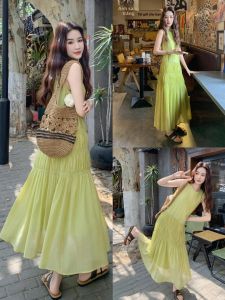 SHULINMEI | Váy xanh Pháp xếp ly cho nữ mùa hè 2025 Váy dài không dây phong cách ngọt ngào độc đáo Váy chữ A bằng vải polyester thoải mái thường ngày