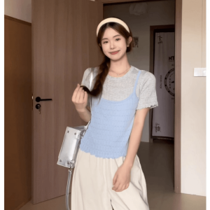 Korean Style Color Block Short Sleeve round Neck T-Shirt Womens Slim Fit Short Length Commute Style Knitted Moisture Wicking