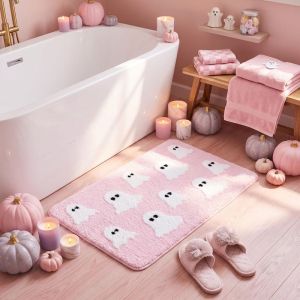 VIKAMA Pink Ghost Print Bath Mat Soft Flocking Non‑Slip Floor Mat Halloween Theme For Bathroom Shower Room Home Holiday Decor
