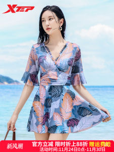 XTEP 2025 New Fashion Conservative One-Piece Swimsuit for Girls Vacation Beach Style Slimming Print Short Sleeve Drawstring