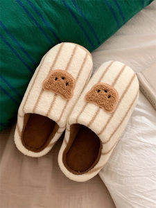 Cute Bear Patterned Cotton Slippers Men Women Home Use Warm Comfortable Winter Striped Couples Furry Shoes Low Heel Rubber Bottom