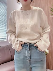 Spring Summer New Style Lightweight Textured Chinese National Style Button round Neck Long Sleeve Overhead Shirt Fashionable Versatile