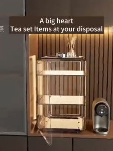 Nearra 3 Layers Large Cup Organizer Rack With Dustproof Water Storage Box Glass Tea Cup Tray Desktop Drinking