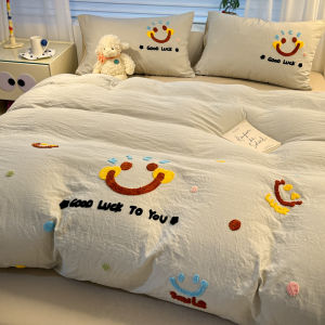 Ins Style Ultra Soft Smiling Face Towel Embroidered Washed Cotton Bedding Set Girls Dormitory Quilt Cover Sheet Three Piece Set