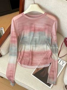 เสื้อยืดแขนยาวผ้าตาข่ายสั้นสไตล์ฤดูร้อน 2024 ใหม่ ขนาดเล็ก ผ้าตาข่ายสีสันสดใส ดีไซน์เรียบง่าย แขนยาว ทรงเข้ารูป