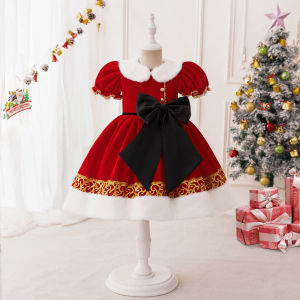 Red Velvet Girls Party Dresses Christmas Costume Short Sleeve Bow Wedding Birthday Princess Dress for Girl Bridemaids Prom Gown