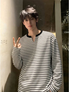 ZHUOCAN | Retro Striped V-Neck Clean Fit Long Sleeve T-Shirt for Men